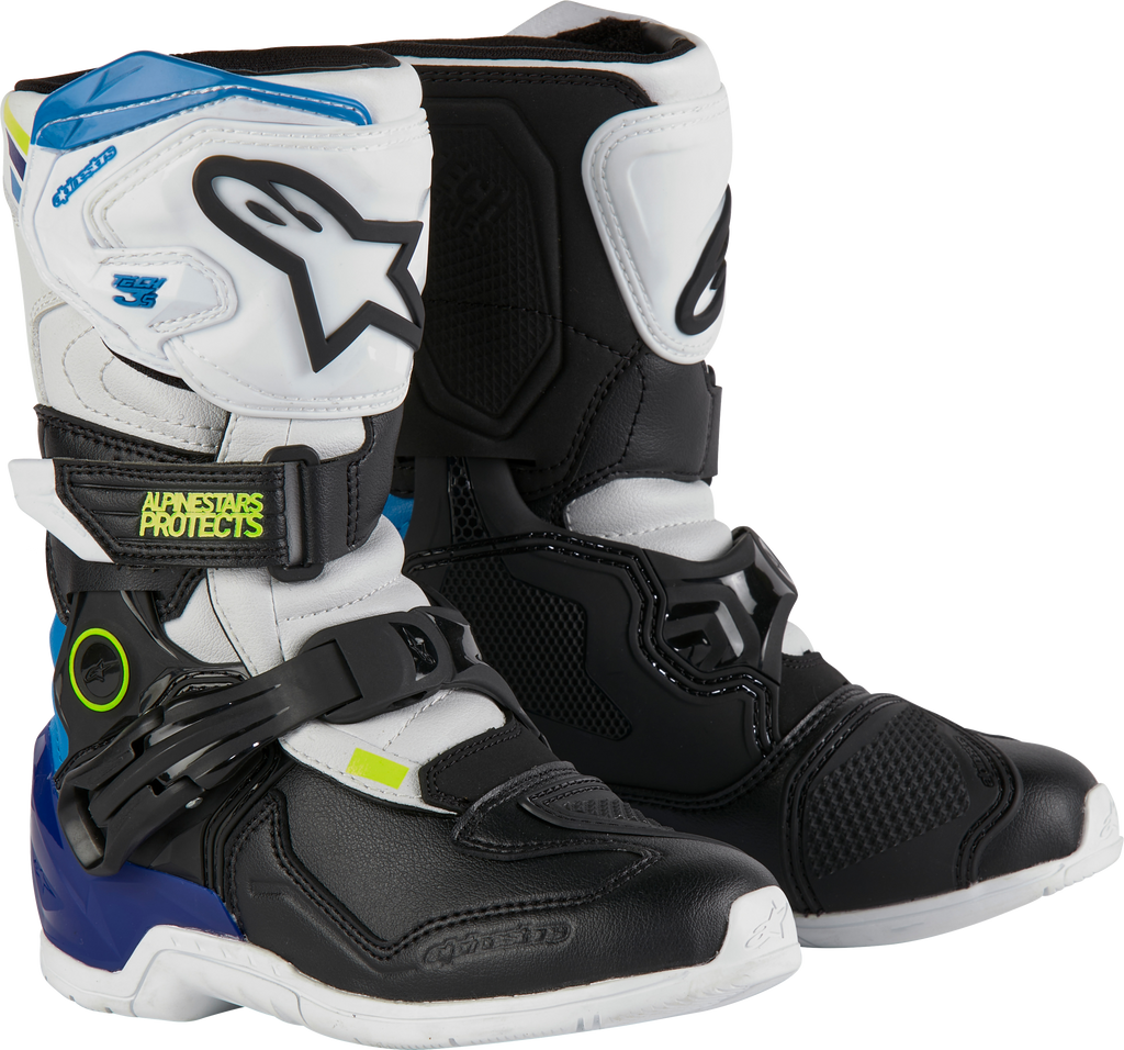 Alpine Star Tech 3s kids motorcycle boots in white, black, and enamel blue with size 1, featuring protective design and sturdy construction.
