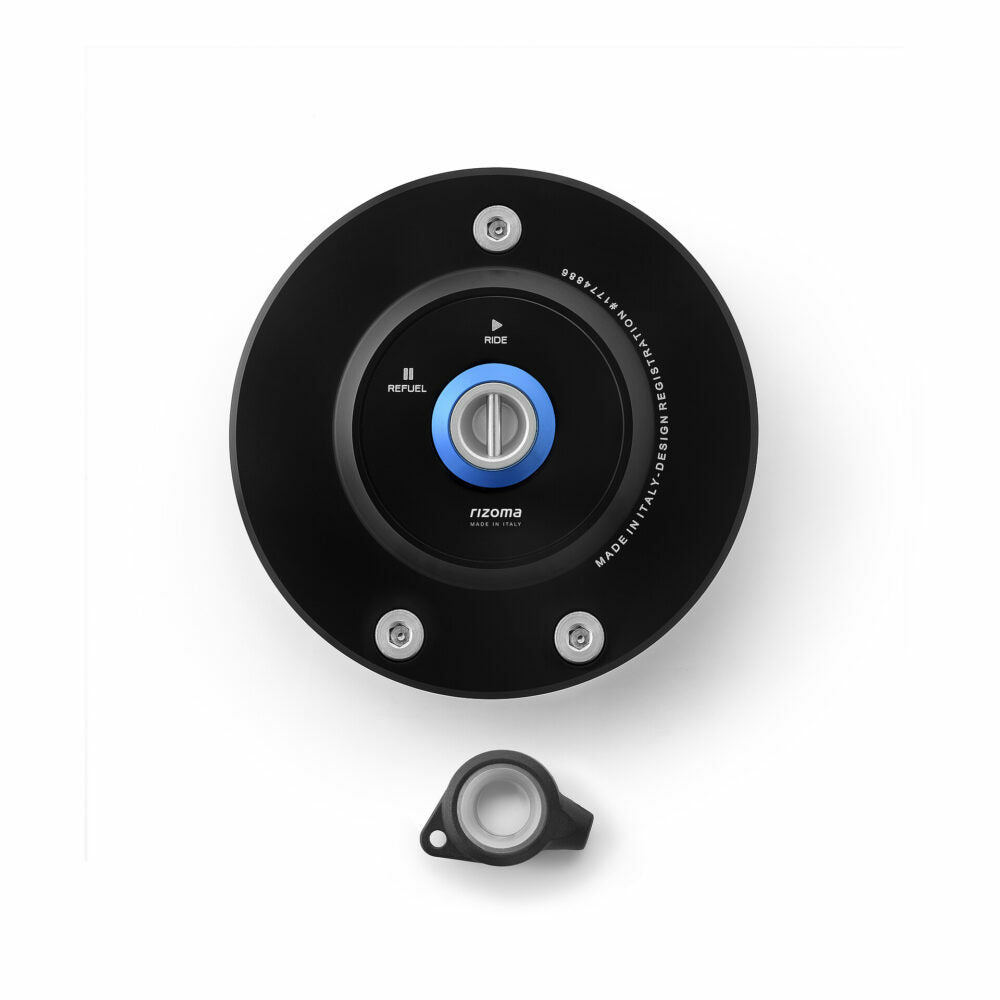 RIZOMA black and blue locking gas cap for BMW motorcycle, featuring a sleek design and secure locking mechanism.