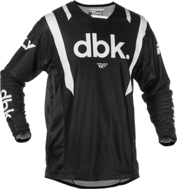 Fly Racing Kinetic Mesh DBK jersey in black and white, featuring lightweight, breathable fabric and racing-inspired design.