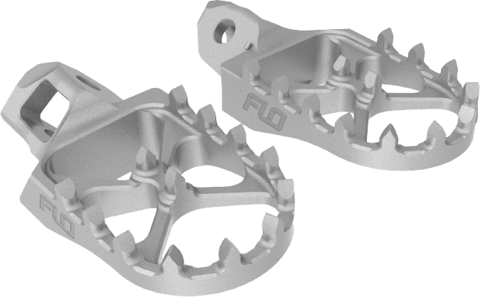 Flo Motorsports stainless steel foot pegs for motorcycle foot controls, showing durable metal construction and mounting hardware.