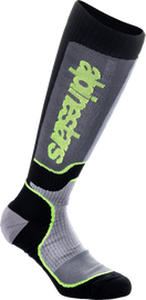 Alpine Star youth motocross socks in black, grey, and yellow fluorescent, size medium/large, featuring cushioned ankle and foot areas.