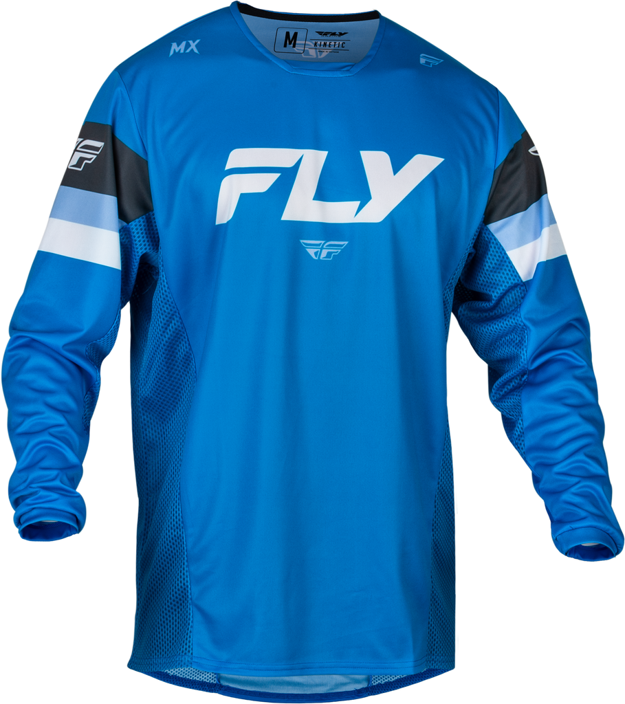 Fly Racing Youth Kinetic Prix jersey in bright blue, charcoal, and white, featuring lightweight, breathable motocross apparel.