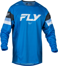 Load image into Gallery viewer, Fly Racing Youth Kinetic Prix jersey in bright blue, charcoal, and white, featuring lightweight, breathable motocross apparel.