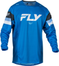 Fly Racing Youth Kinetic Prix jersey in bright blue, charcoal, and white, featuring lightweight, breathable motocross apparel.