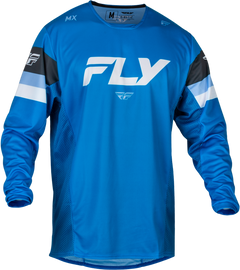 Fly Racing Kinetic Prix jersey in bright blue, charcoal, and white, XL size, featuring lightweight, breathable motocross apparel.