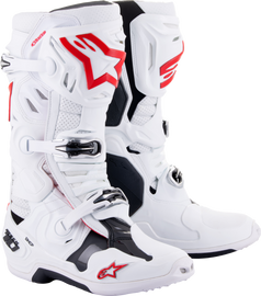 Alpine Star Tech 10 Supervented motorcycle boots in white and bright red, size 7, with protective design and ventilation features.