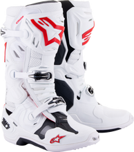 Load image into Gallery viewer, Alpine Star Tech 10 Supervented motorcycle boots in white and bright red, size 14, with protective features and vented design.