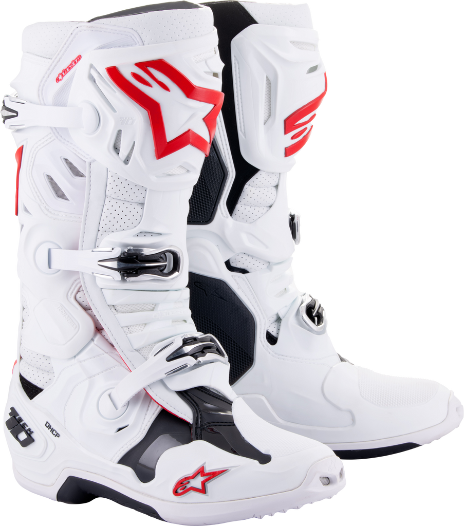 Alpine Star Tech 10 Supervented motocross boots in white and bright red, size 8, featuring ventilation and durable design.