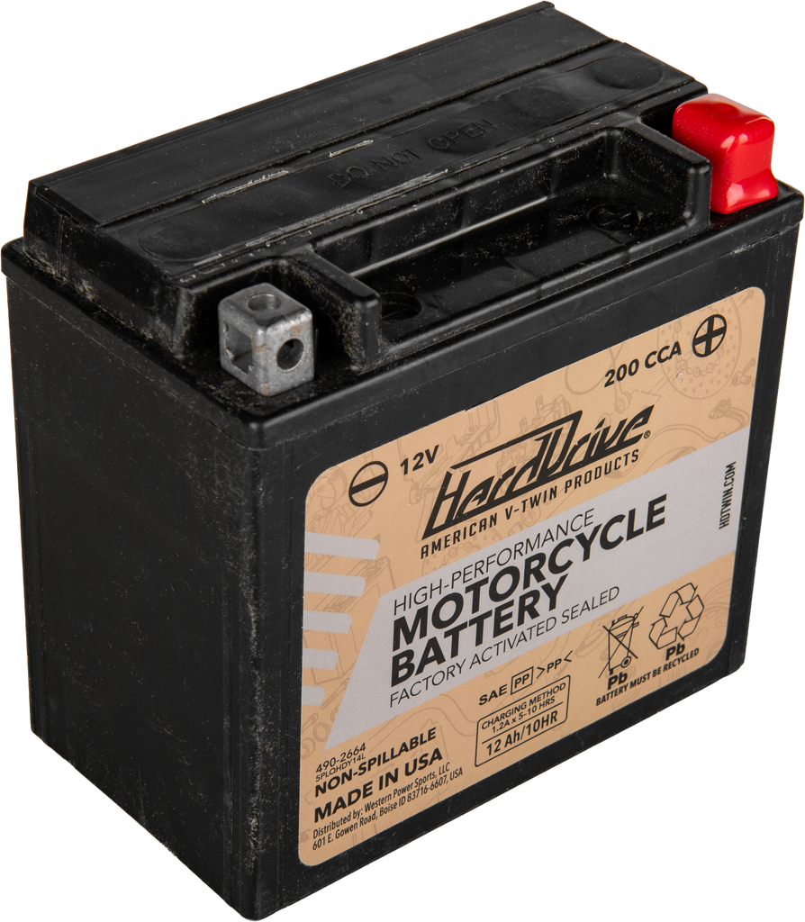 Harddrive YTX14L high-performance motorcycle battery with 200 CCA, featuring durable construction and secure terminal connections.