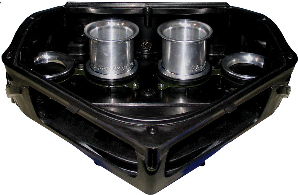Factory Pro Tuning velocity stack set for Suzuki GSXR600 2004-2005, showing polished intake and carb components.