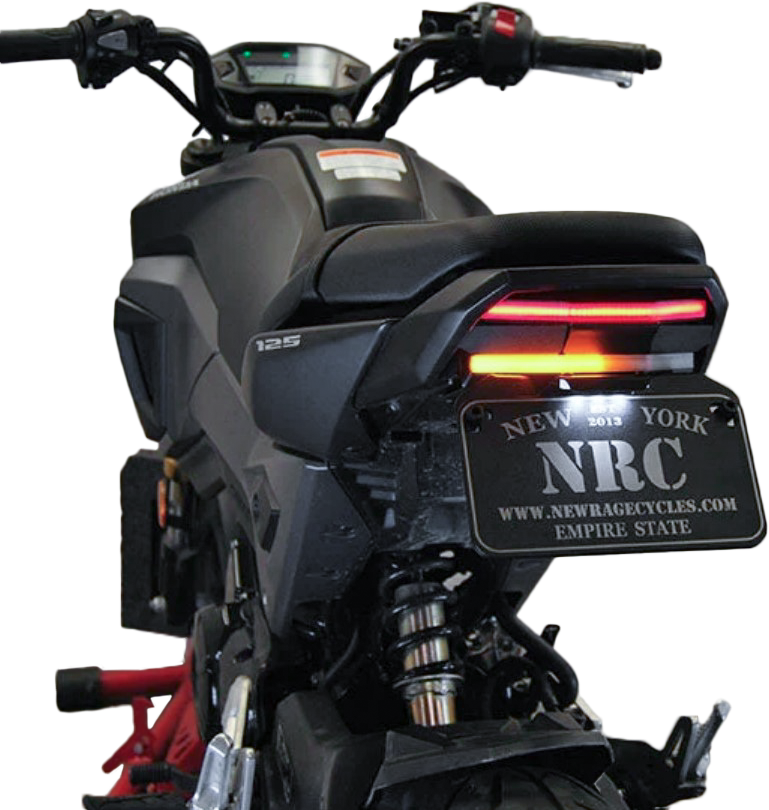 New Rage Cycles Fender Eliminator body for HON motorcycles, showing sleek black design and mounting hardware.