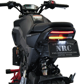 New Rage Cycles Fender Eliminator body for HON motorcycles, showing sleek black design and mounting hardware.