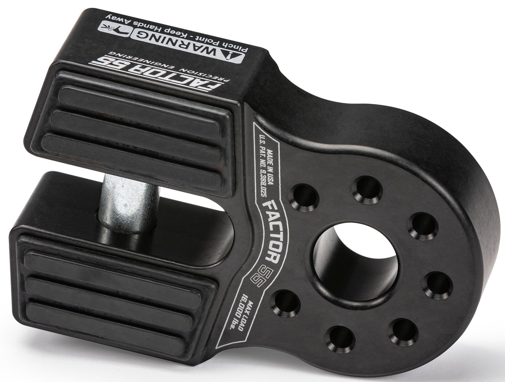 Factor 55 Flatlink XTV winch shackle in black, durable metal construction, designed for off-road and recovery use.
