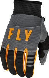 Fly Racing F-16 gloves in dark grey, black, and orange with XS size, featuring textured finger and palm for enhanced grip.