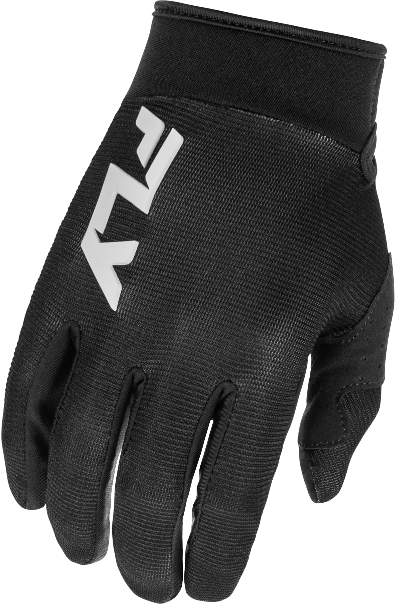 Fly Racing Youth F-16 gloves in black and white, shown on a young rider’s hands with detailed view of the glove design.