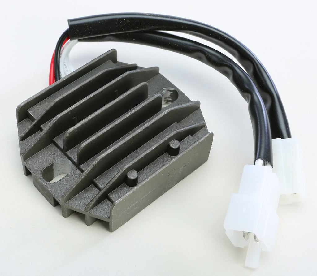 Ricks Motorsport Electric regulator and rectifier for motorcycle electrical systems, showing metallic components and wiring connections.