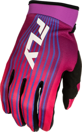 Fly Racing Youth F-16 Lift Gloves in pink, purple, and white, showing the colorful, padded motorbike gloves for young riders.