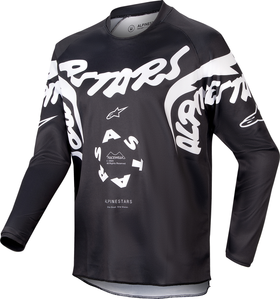 Alpine Star youth Racer Hana jersey in black and white, size large, featuring sporty design and branding details.