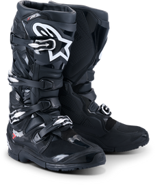 Alpine Star Tech 7 Enduro Drystar motorcycle boots in black with size 13, featuring rugged design and reinforced protection.
