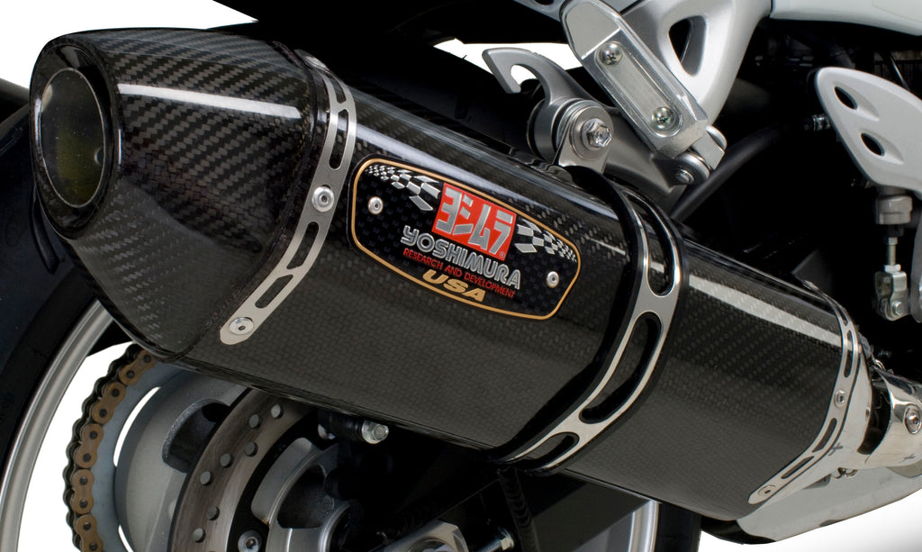 Yoshimura Street R-77 slip-on exhaust with dual stainless steel and carbon fiber components, designed for motorcycle performance.