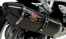 Yoshimura Street R-77 Slip-On exhaust with dual stainless steel and carbon fiber end caps, designed for motorcycle performance.