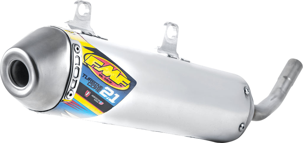 FMF Racing Powercore 2.1 silencer exhaust with turbine core, shown in close-up view highlighting the black metal finish and branding.