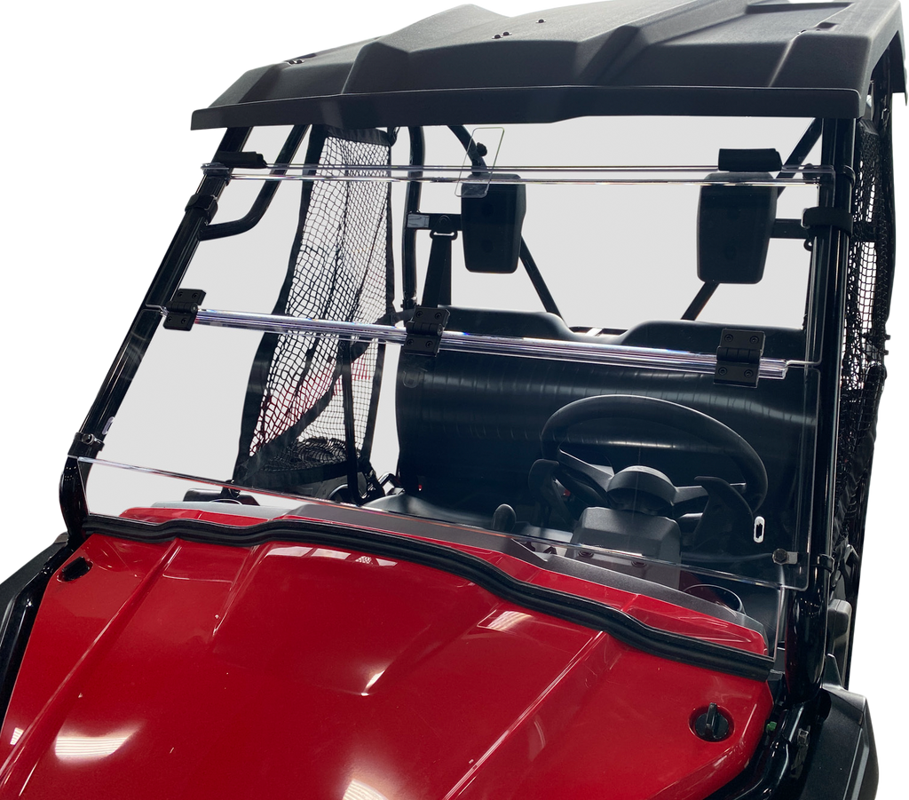 Open Trail folding windshield for off-road vehicles, showing the clear, durable glass and black frame in an open position.
