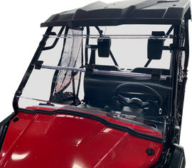 Open Trail folding windshield for off-road vehicles, showing the clear, durable glass and black frame in an open position.