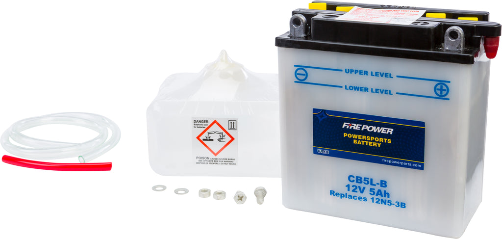 Fire Power 12V CB5L-B heavy-duty battery with acid, designed for reliable power and durability in various applications.