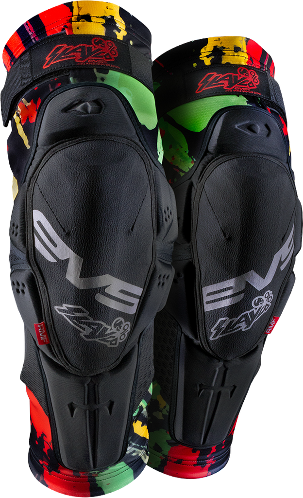 EVS Slayco96 knee guard explosion 2x, black protective knee pads with adjustable straps and impact-resistant design.
