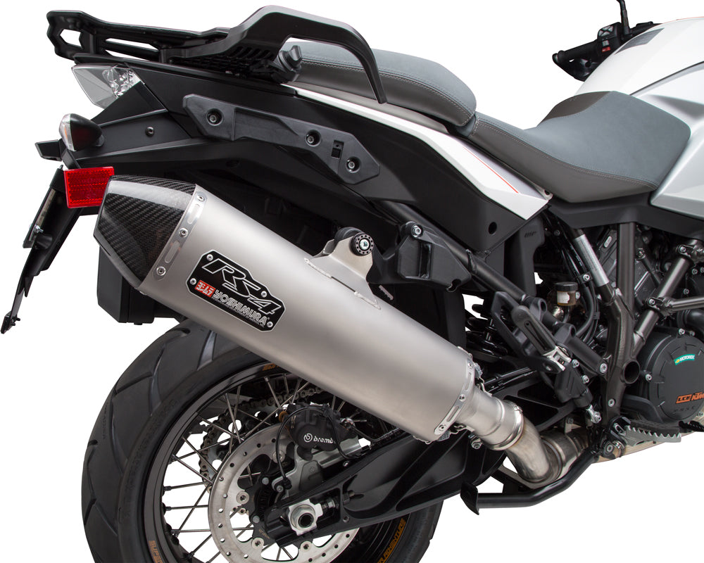 Yoshimura Street Rs-4 slip-on exhaust for motorcycles, featuring stainless steel and carbon fiber finish, with sleek exhaust pipe and muffler.