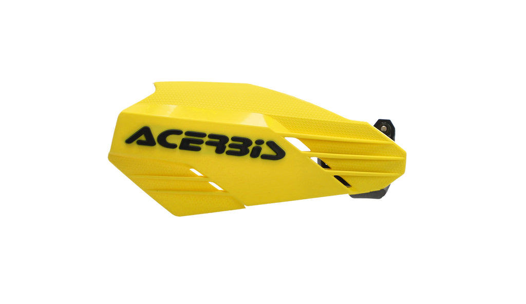 Acerbis K-Linear yellow and black motorcycle handguard mounted on a bike handlebar.
