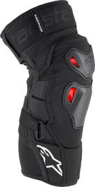 Alpine Star Bionic Pro Plasma knee protector in black, red, and white, showing adjustable straps and protective padding.