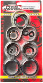 Pivot Works suspension seal and bushing kit for forks, featuring various seals and bushings on a clean white background.