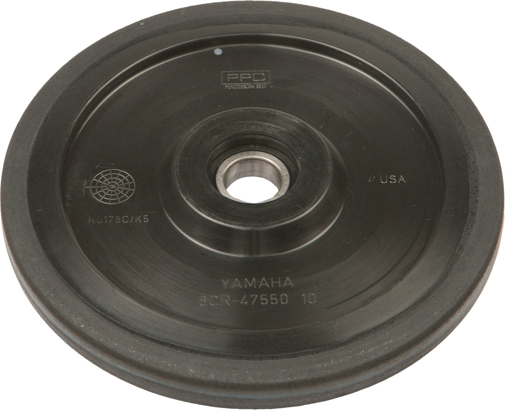 Black PPD idler wheel measuring 7.01 inches by 20mm, showing the wheel's smooth surface and mounting hole for machinery use.