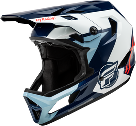 Fly Racing Youth Rayce bicycle helmet in red, white, and blue with adjustable straps and ventilation holes for kids' safety and comfort.