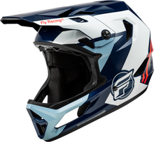 Load image into Gallery viewer, Fly Racing Youth Rayce bicycle helmet in red, white, and blue with adjustable straps and ventilation for kids' cycling safety.