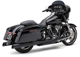 Black Cobra 909 uppercut slip-on exhaust for Harley bikes, with polished finish and branding visible on the muffler.