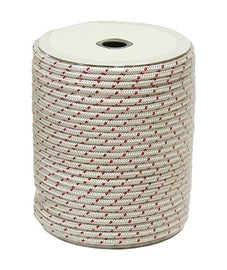 SP1 Poly Starter Rope 4.5mm x 250ft in white and red polyester, shown coiled with textured surface and durable design.