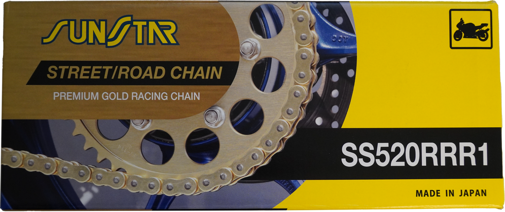 Sunstar sealed 520x116 gold chain, model Rrr1, with detailed metal links, designed for bicycle or motorcycle use.