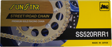 Load image into Gallery viewer, Sunstar sealed 520x116 gold chain, model Rrr1, with detailed metal links, designed for bicycle or motorcycle use.