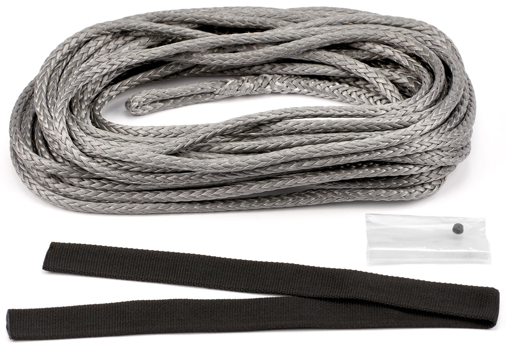 Warn synthetic winch rope for VRX45, Axon45, Axon55 winches, shown coiled with secure hooks and durable synthetic material.
