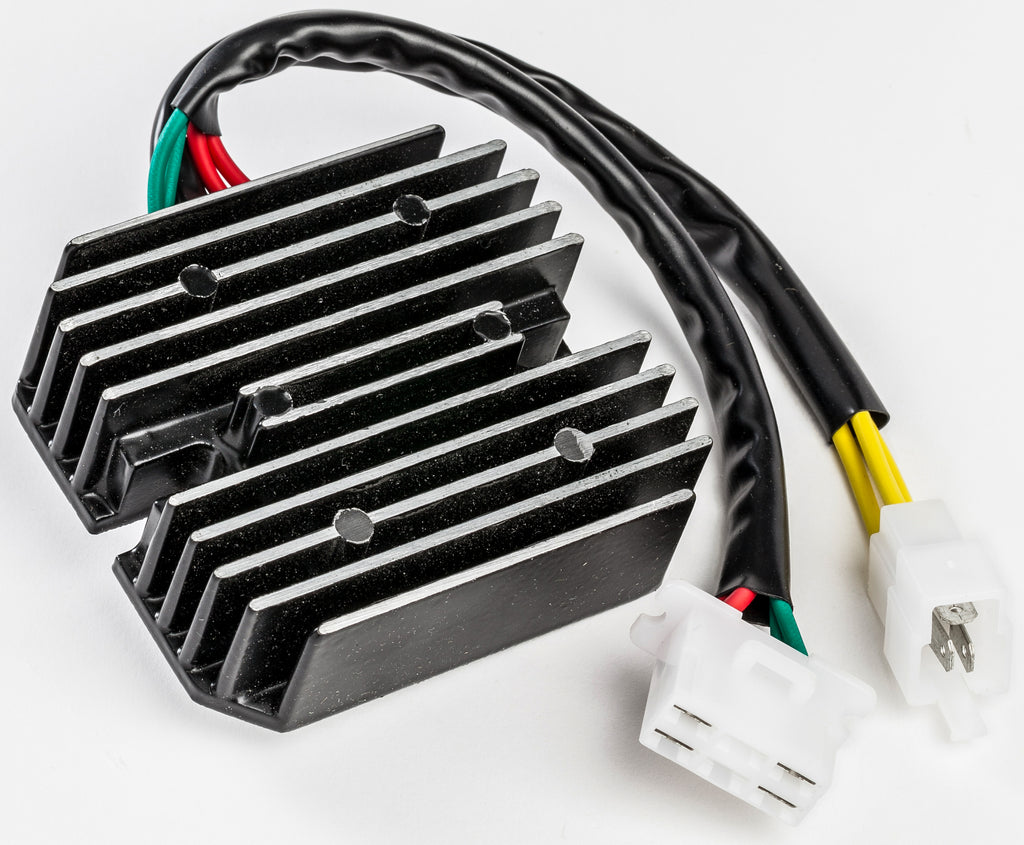 Ricks Motorsport Electric rectifier-regulator for motorcycle electrical systems, with metal cooling fins and wiring connections.