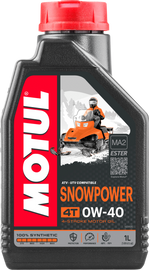 Motul Snowpower Syn 4T 0W-40 engine oil bottle, 1-liter container for motorcycle engines, 12-pack case.