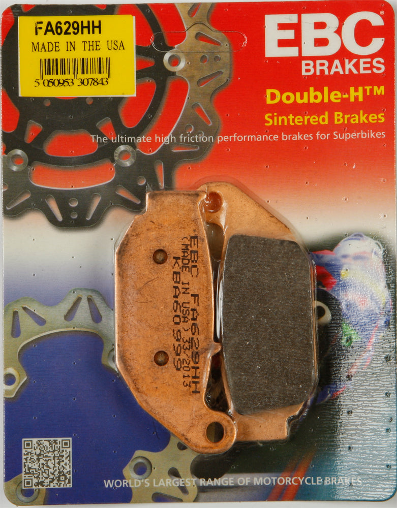 EBC Motorcycle Brakes Fa629hh double-H sintered brake pads with metal backing and textured surface for enhanced stopping power.