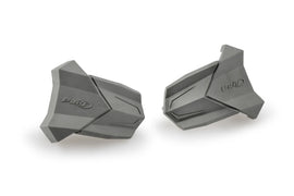 Pair of grey PUIG rubber end replacement frame sliders for R19 motorcycle, showing close-up of sliding components and mounting points.