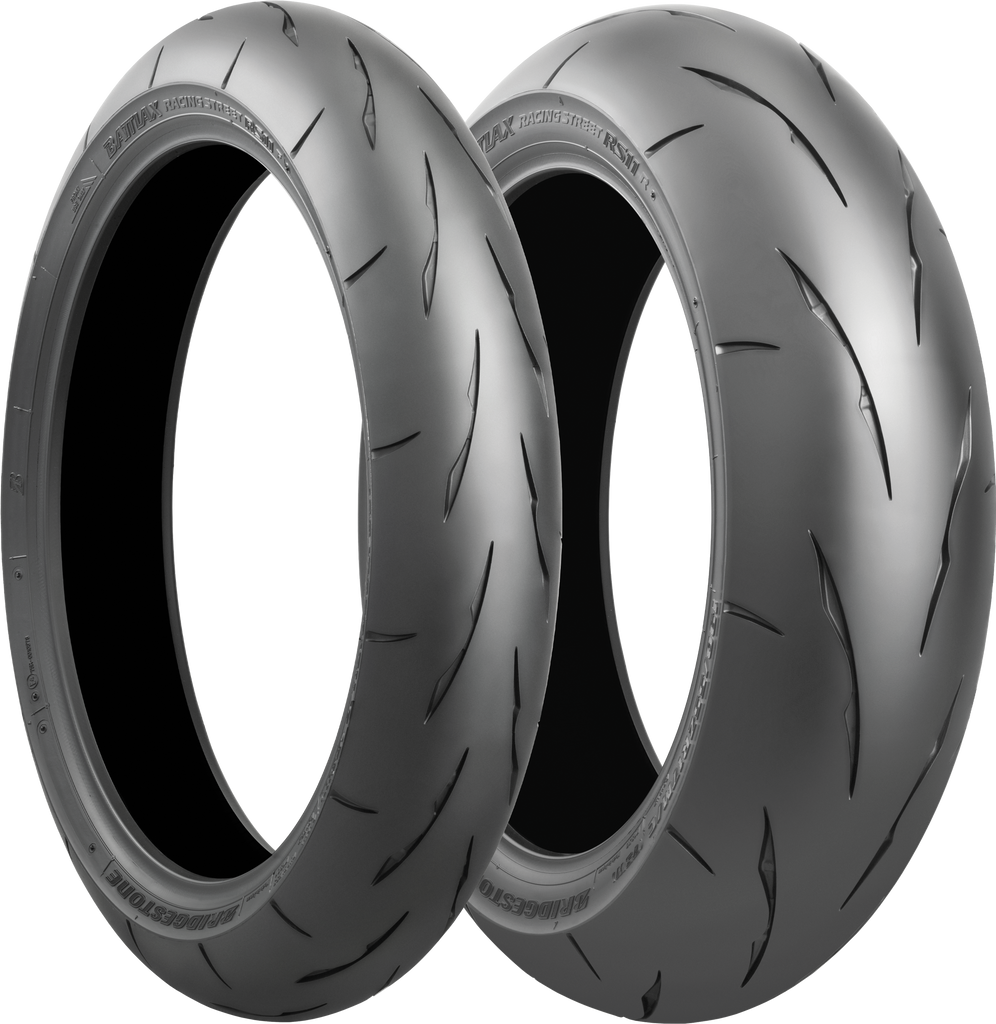 Bridgestone Battlax RS11 Rear motorcycle tire 200/55ZR17 radial tire with rear tread pattern and sidewall branding.