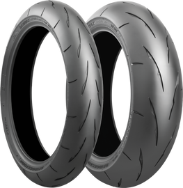 Bridgestone Battlax RS11 rear motorcycle tire 200/55ZR17 radial tire for sport bikes, featuring tread pattern and sidewall details.