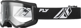 Fly Racing Focus Goggle in black and white with clear lens, featuring adjustable strap and padded frame for motocross riding.