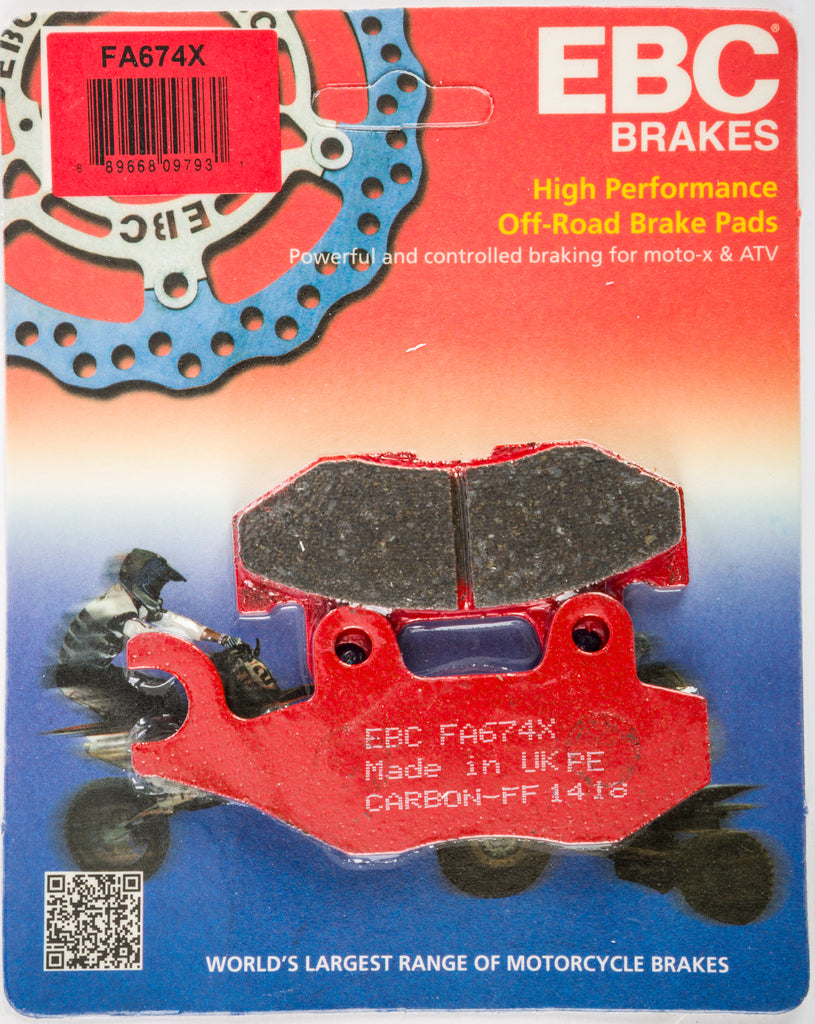 EBC Motorcycle Brakes Fa674X Carbon X Series brake pads with black friction material and metal backing plate for motorcycle braking.